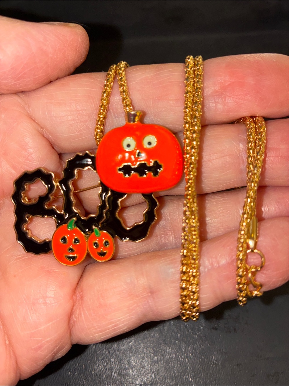 Halloween Pumpkin Pendant/Brooch Necklace in Orange and Gold